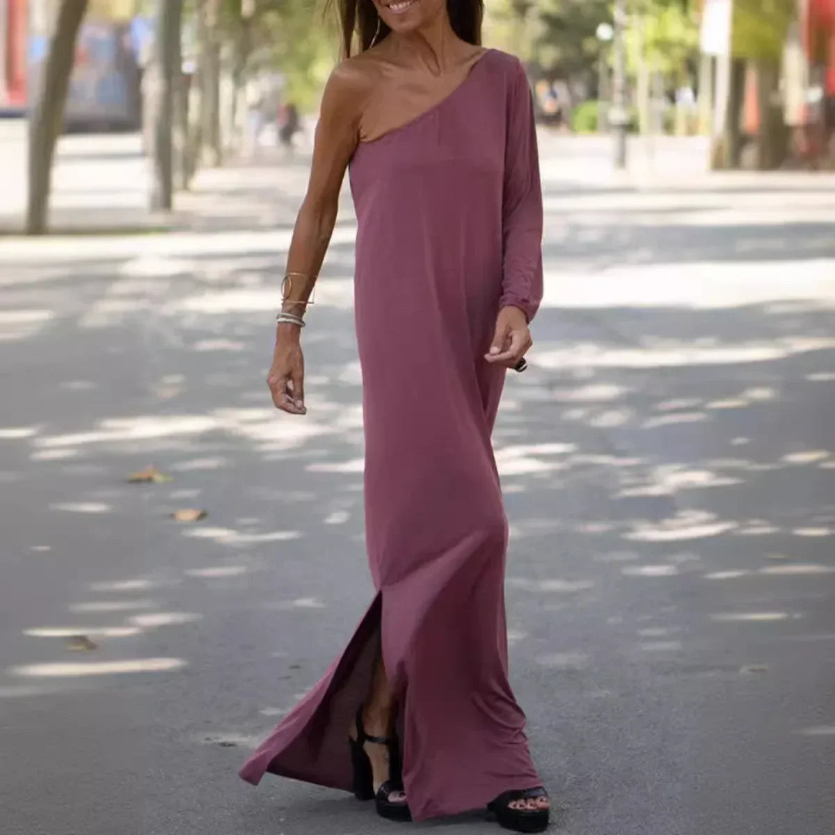 Asymmetrical Maxi Dress One Shoulder Lightweight Black