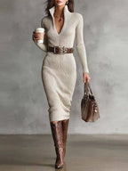 Ribbed Knit Dress Fitted Waist Long Sleeve