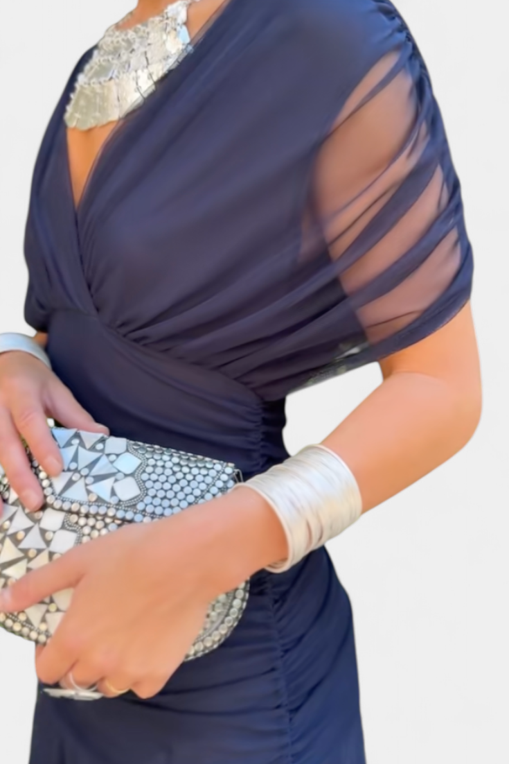 Elegant Knee Length Dress Deep V Neck Ruched Waist