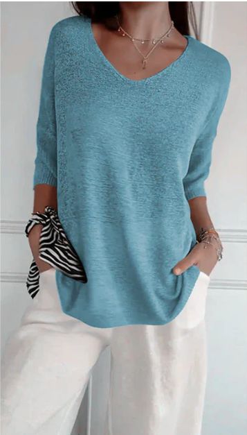 Lightweight V Neck Knit Top Relaxed Casual Fit