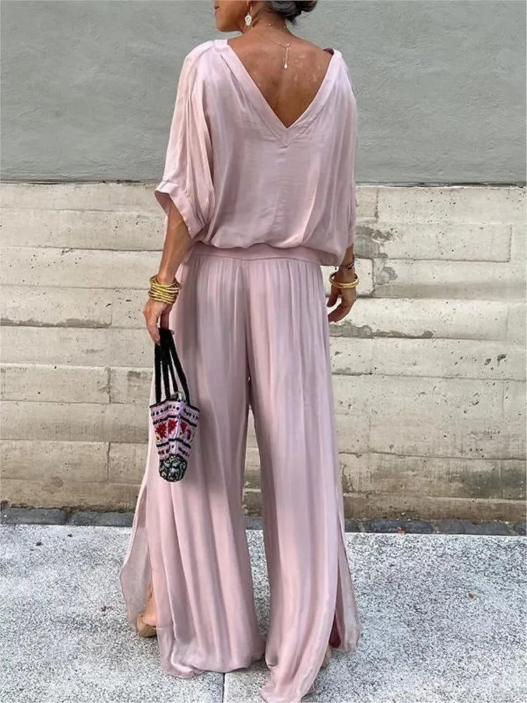 Lightweight Two Piece Women Outfit V Neck Wide Leg Pants