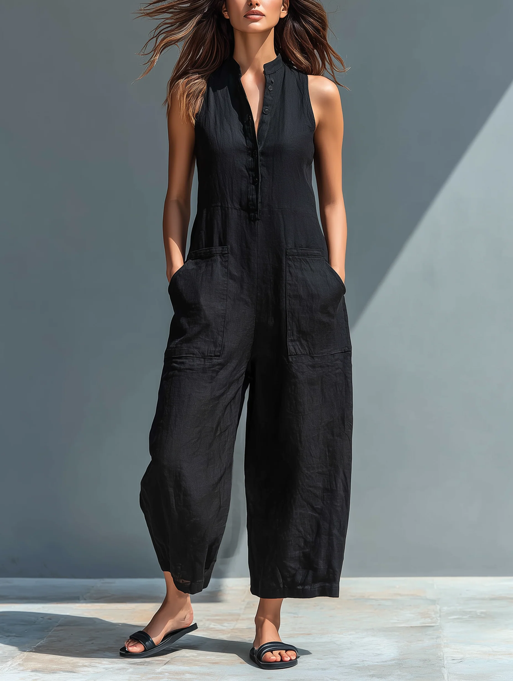 Black Sleeveless Jumpsuit Lightweight Faux Linen Comfortable Fit