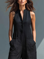 Black Sleeveless Jumpsuit Lightweight Faux Linen Comfortable Fit