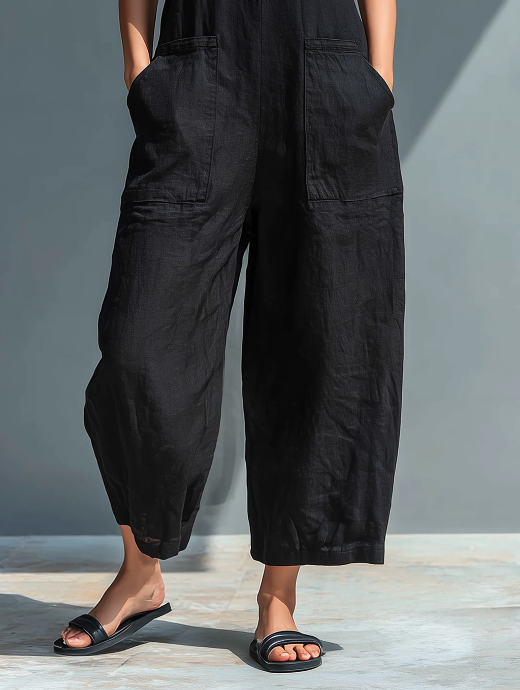 Black Sleeveless Jumpsuit Lightweight Faux Linen Comfortable Fit