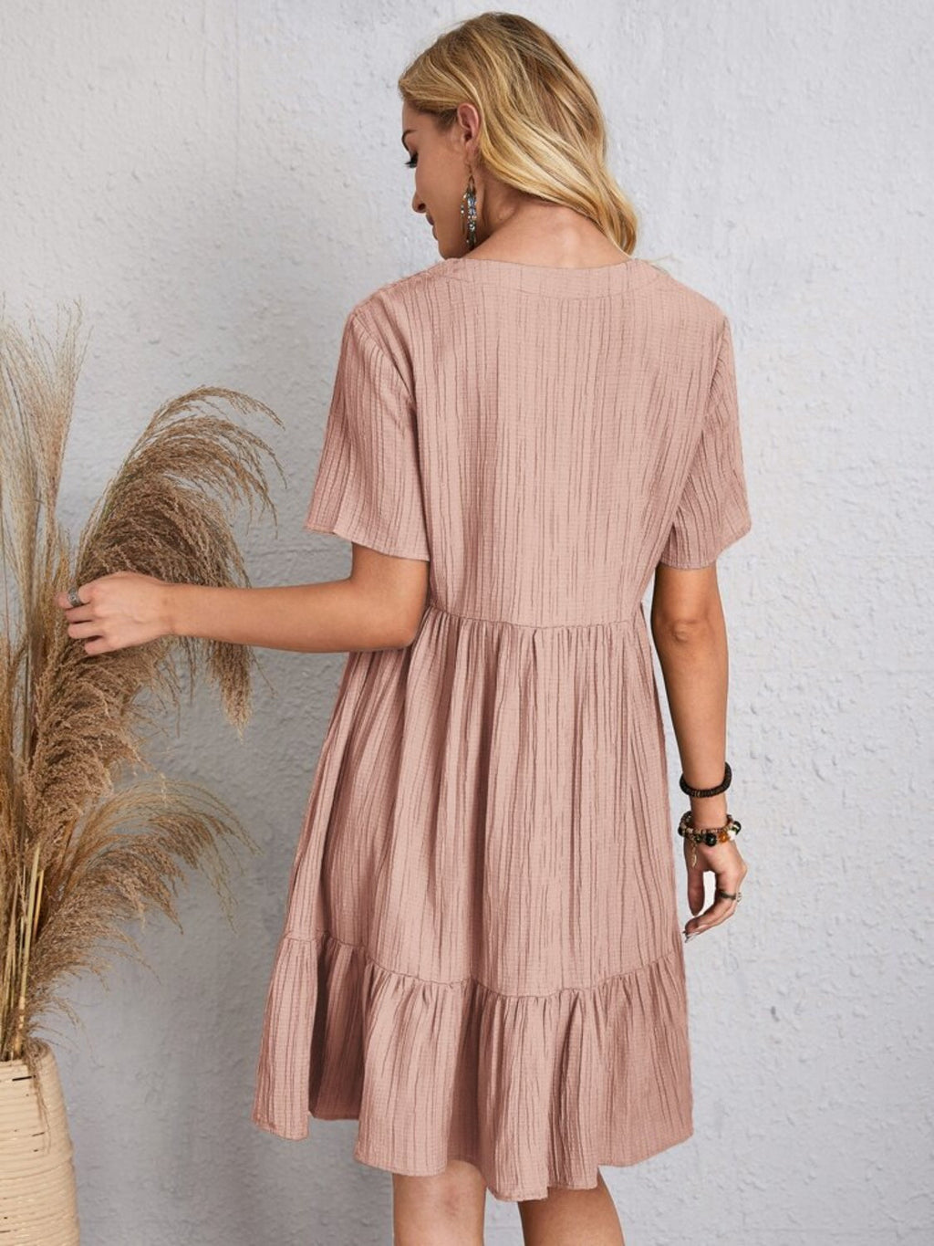 Lightweight V Neck Short Sleeve A Line Dress