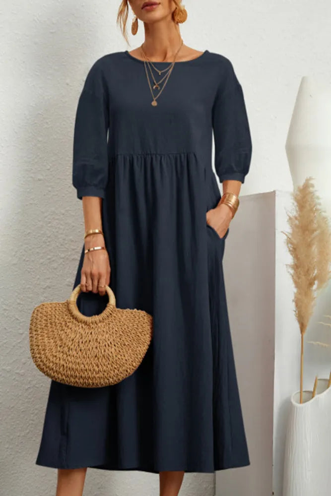 Relaxed Fit Midi Dress Lightweight Cotton Linen Blend