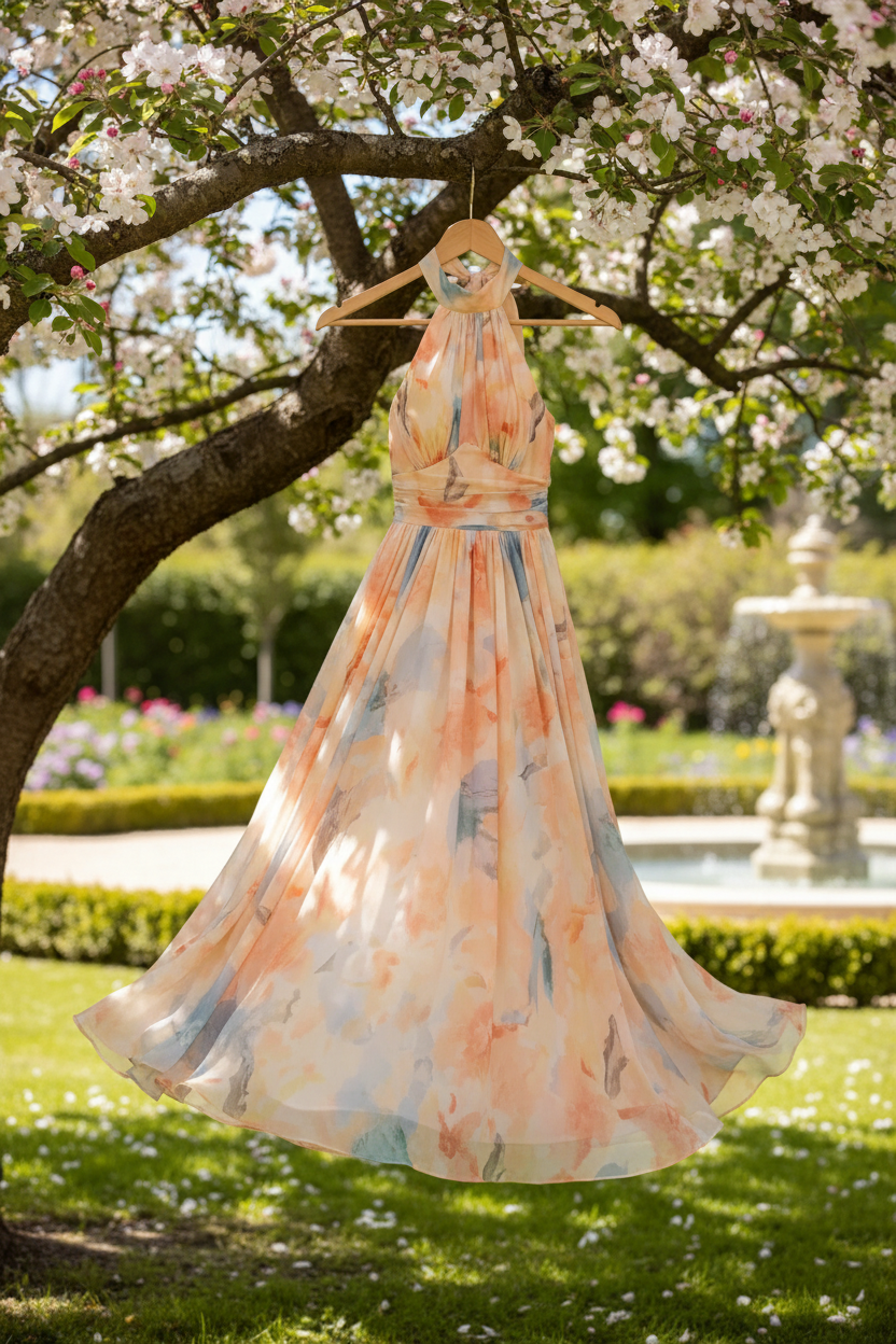 Lightweight Halter Neck Dress Flowing Floral Elegance