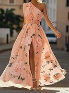 Julie | Light Green Floral Chiffon One-Shoulder Maxi Dress