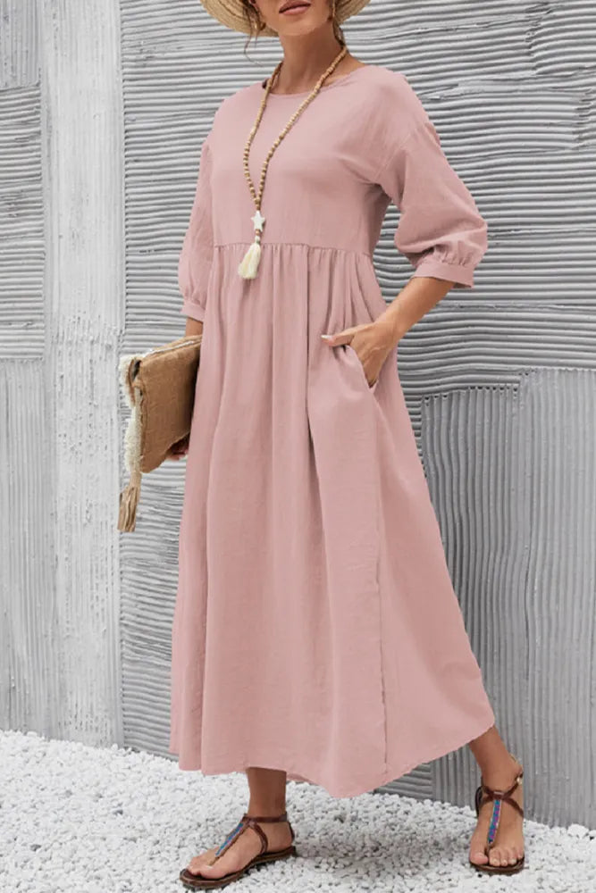 Relaxed Fit Midi Dress Lightweight Cotton Linen Blend