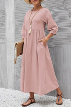Relaxed Fit Midi Dress Lightweight Cotton Linen Blend