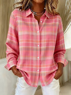 Women's Casual Vintage Plaid Button-Down Shirt Loose Fit Long Sleeve