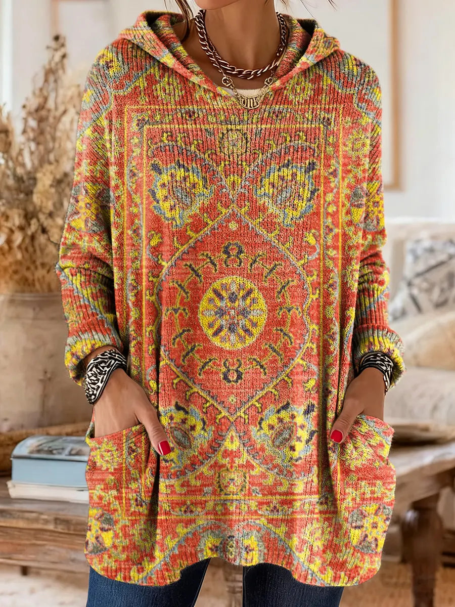 Retro Ethnic Print Hooded Knit Tunic with Pockets