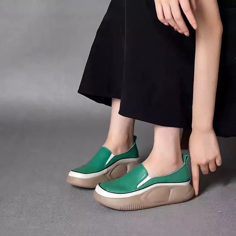 Casual Platform Slip On Loafers Women Green Beige