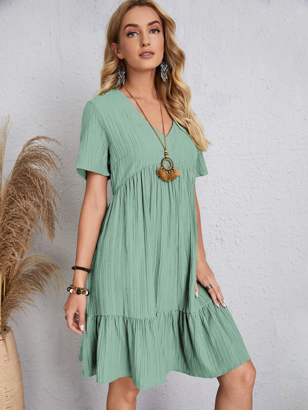 Lightweight V Neck Short Sleeve A Line Dress