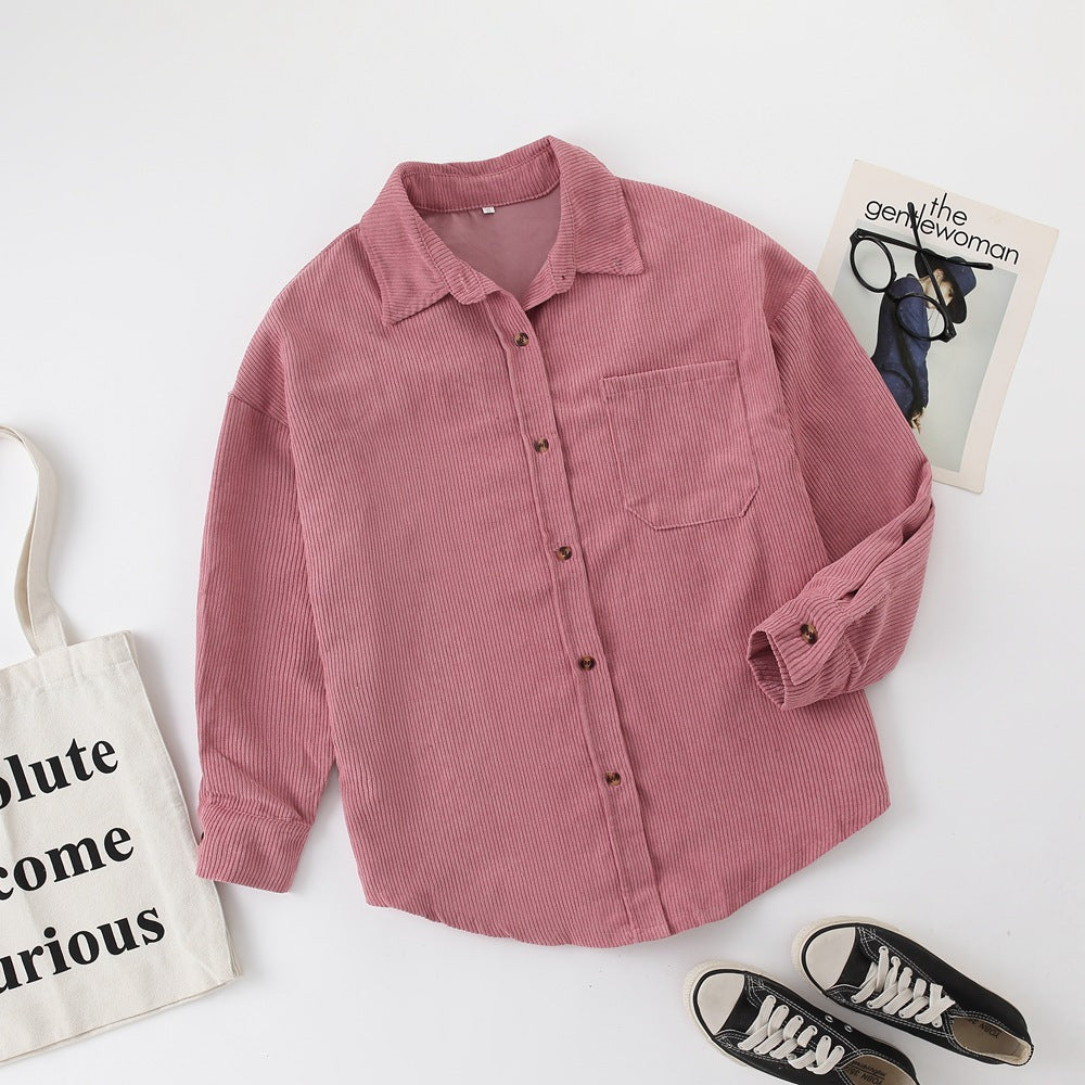 Loose Fit Button-Front Corduroy Shirt with Pockets
