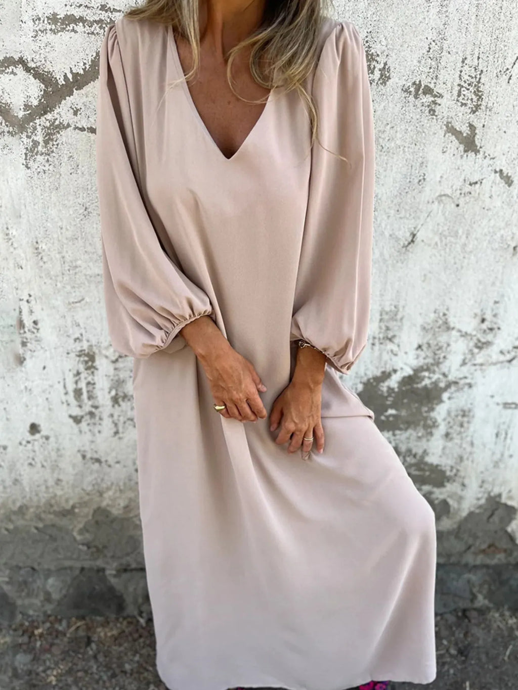 Loose Fit V Neck Balloon Sleeve Ankle Dress