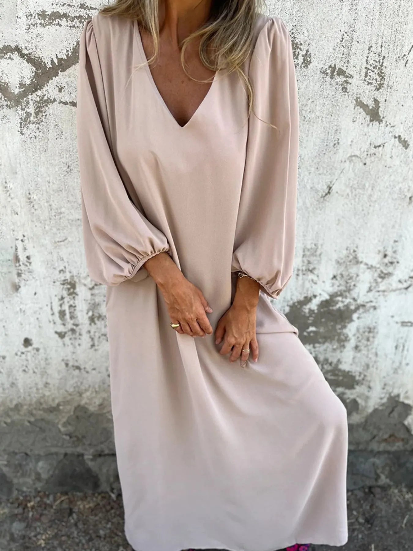 Loose Fit V Neck Balloon Sleeve Ankle Dress