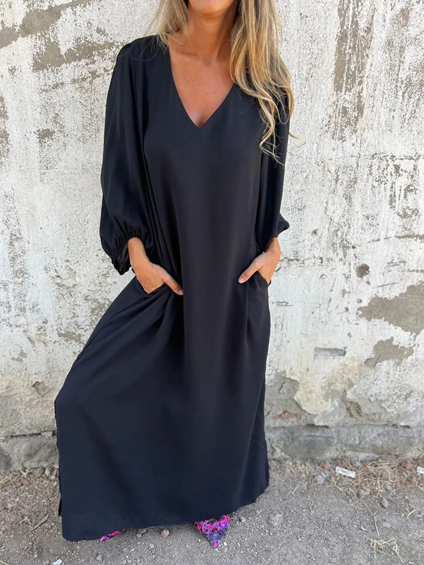 Loose Fit V Neck Balloon Sleeve Ankle Dress