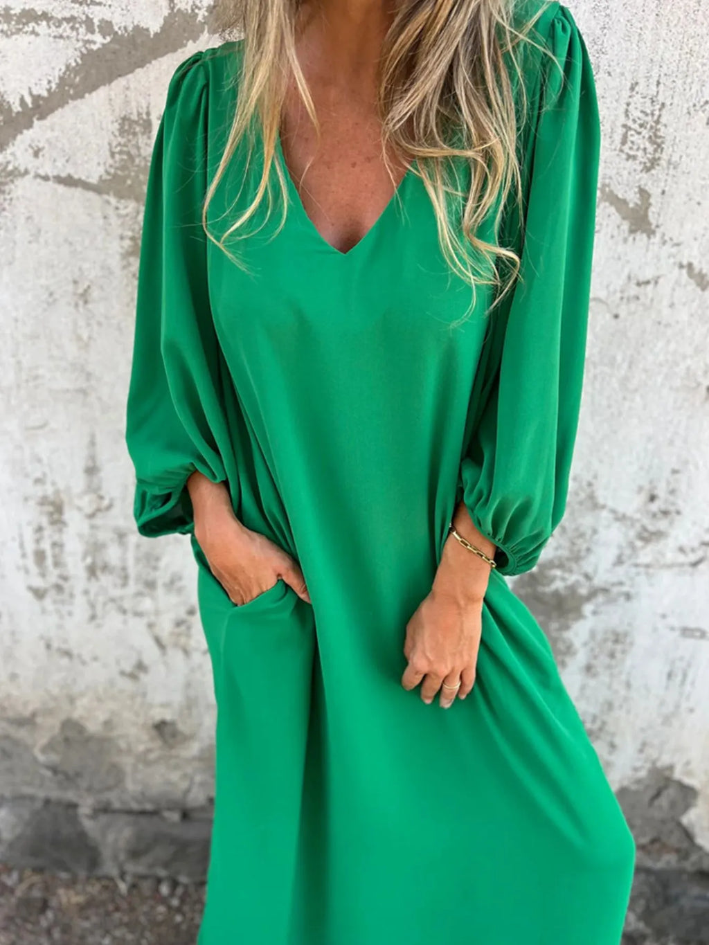 Loose Fit V Neck Balloon Sleeve Ankle Dress