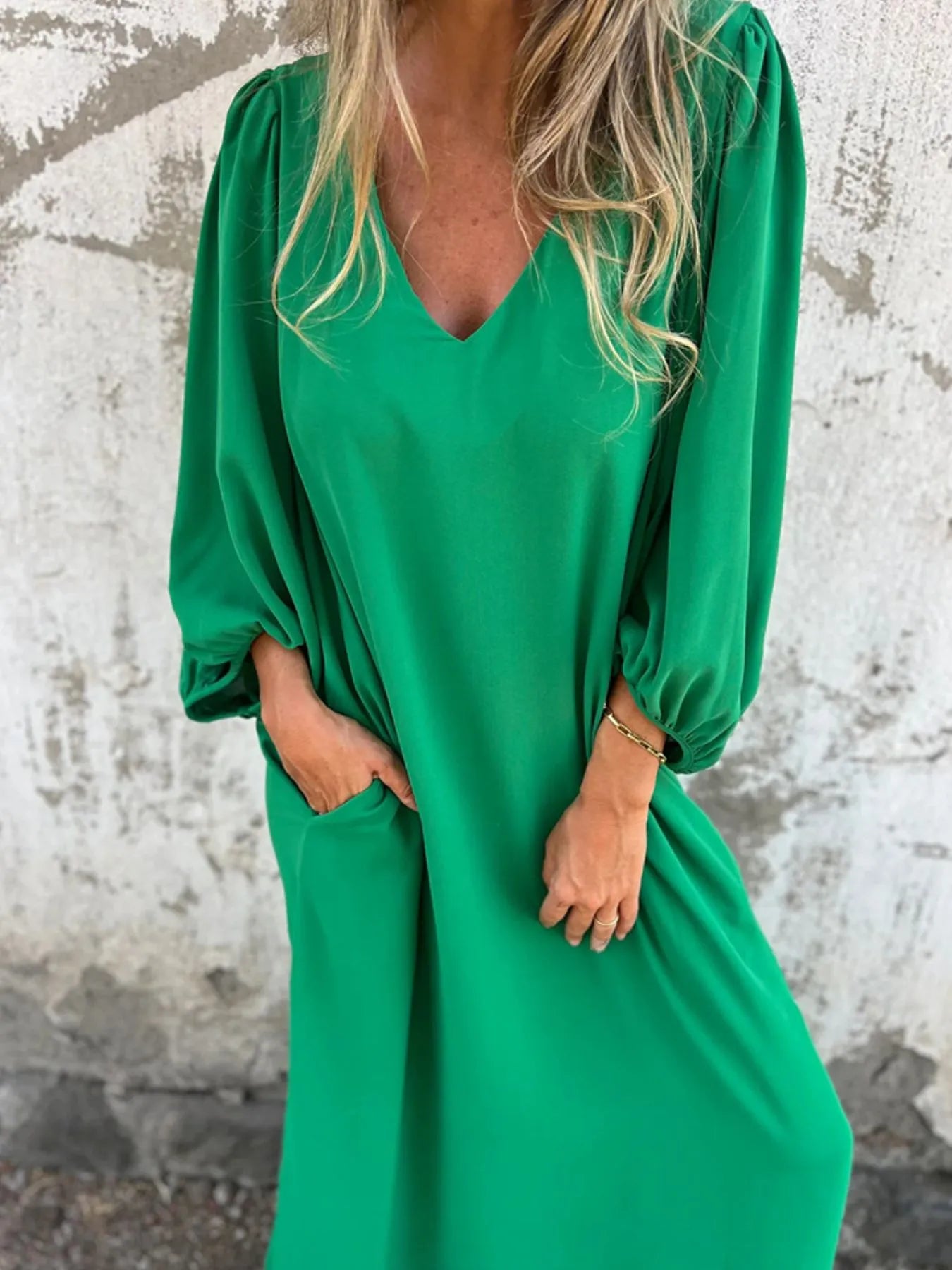 Loose Fit V Neck Balloon Sleeve Ankle Dress