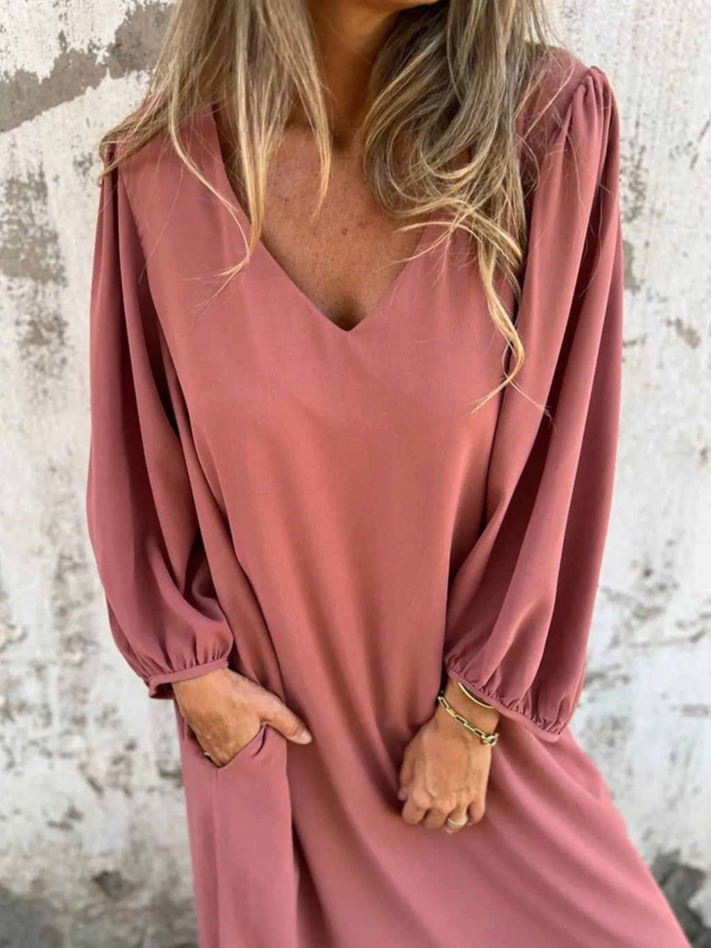 Loose Fit V Neck Balloon Sleeve Ankle Dress
