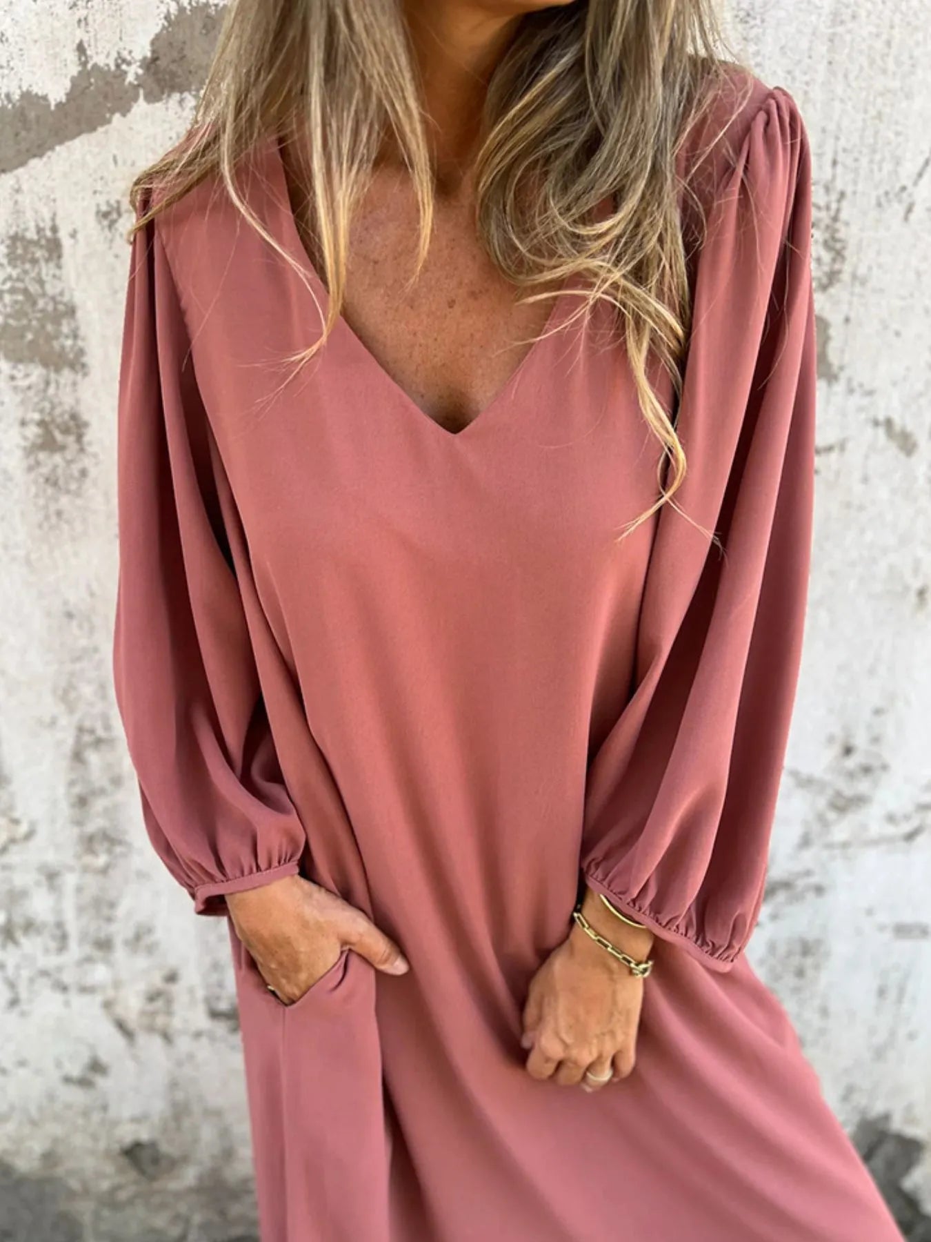 Loose Fit V Neck Balloon Sleeve Ankle Dress
