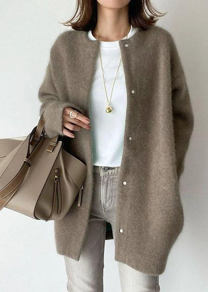 Soft Knit Oversized Cardigan Round Neck Snap Buttons