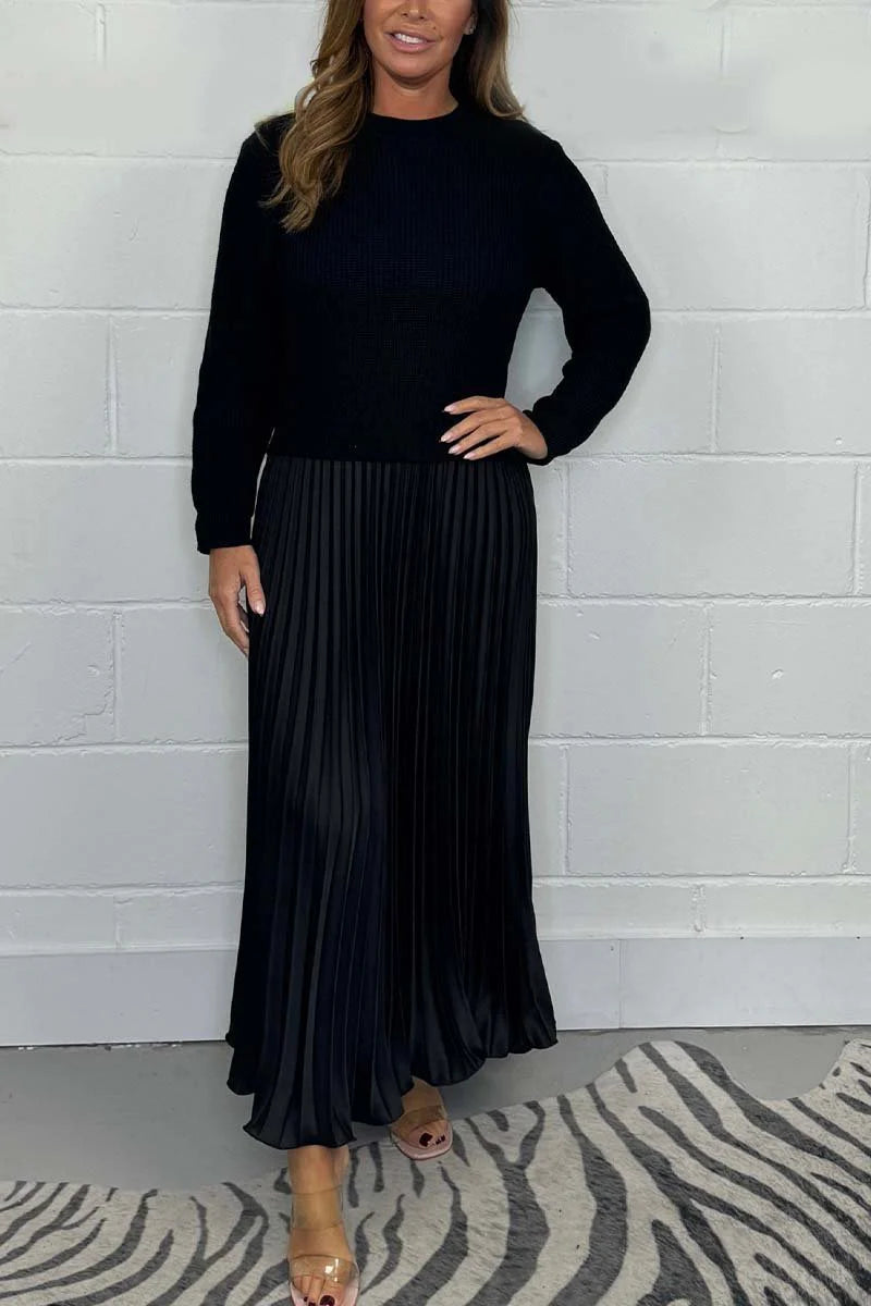 Ribbed Knit Sweater and Pleated Maxi Skirt Elegant Comfortable Set