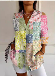 Relaxed Fit Women's Button Up Shirt Lightweight Patchwork Print