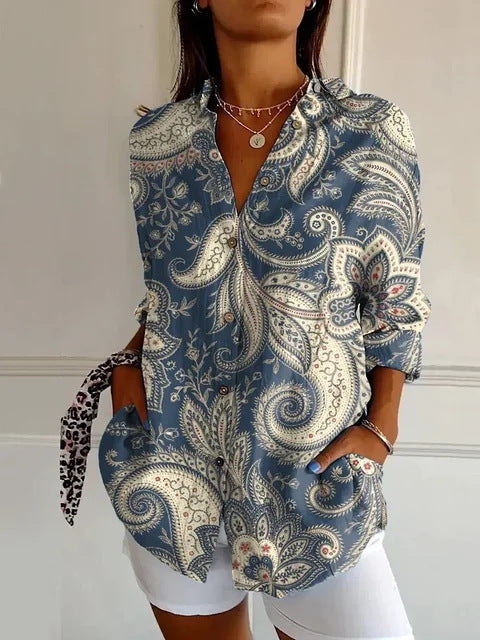 Relaxed Fit Women's Button Up Shirt Lightweight Patchwork Print