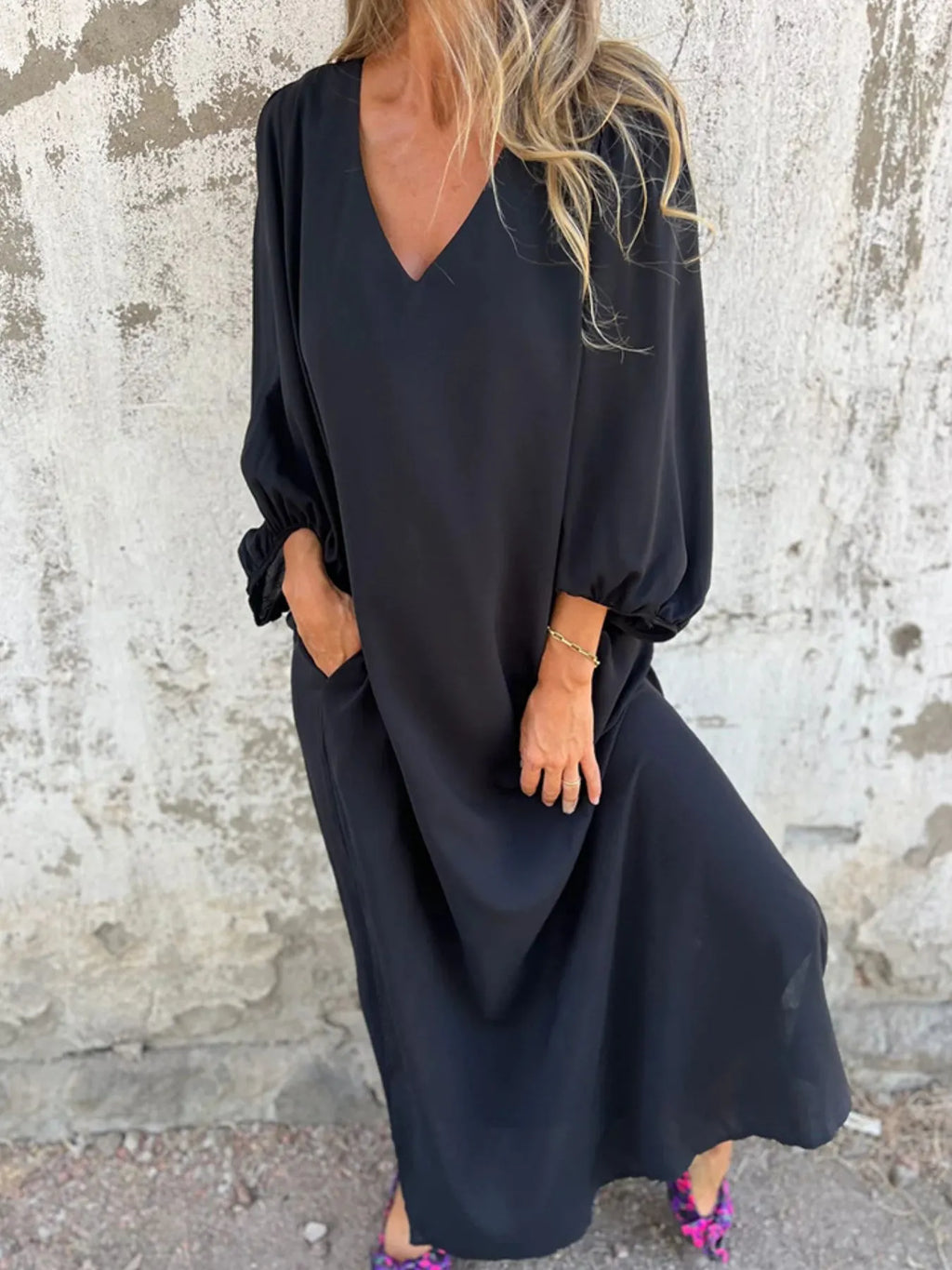 Loose Fit V Neck Balloon Sleeve Ankle Dress