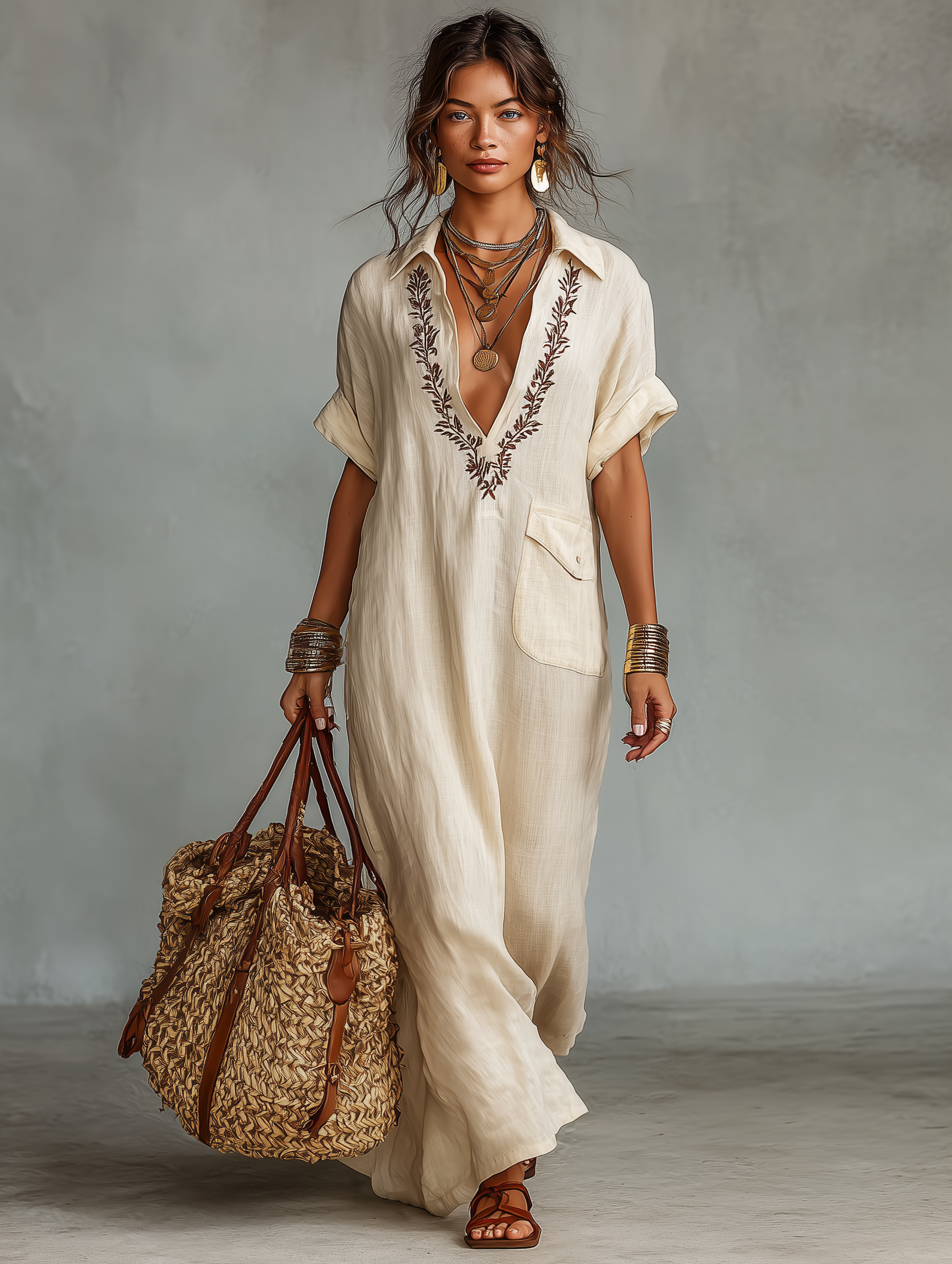 Lightweight Linen Blend Maxi Dress Embroidered Detail