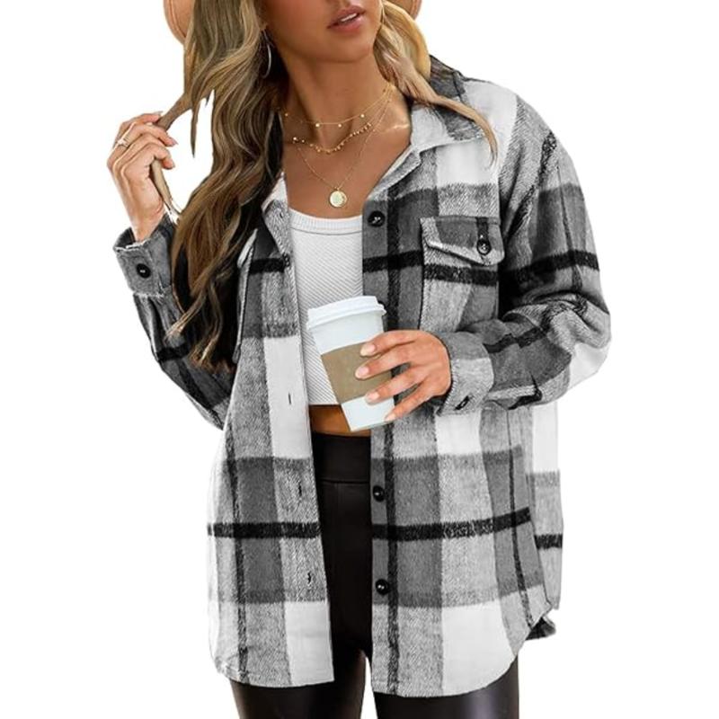 Women’s Plus Size Plaid Flannel Shacket Button-Down Jacket