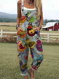 Retro Colorful Bird Print Overalls