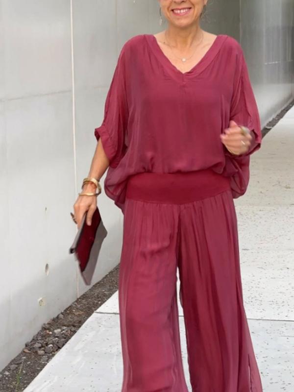 Lightweight Two Piece Women Outfit V Neck Wide Leg Pants
