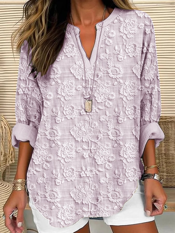 Relaxed Fit Floral Embroidered Women Blouse V Neck