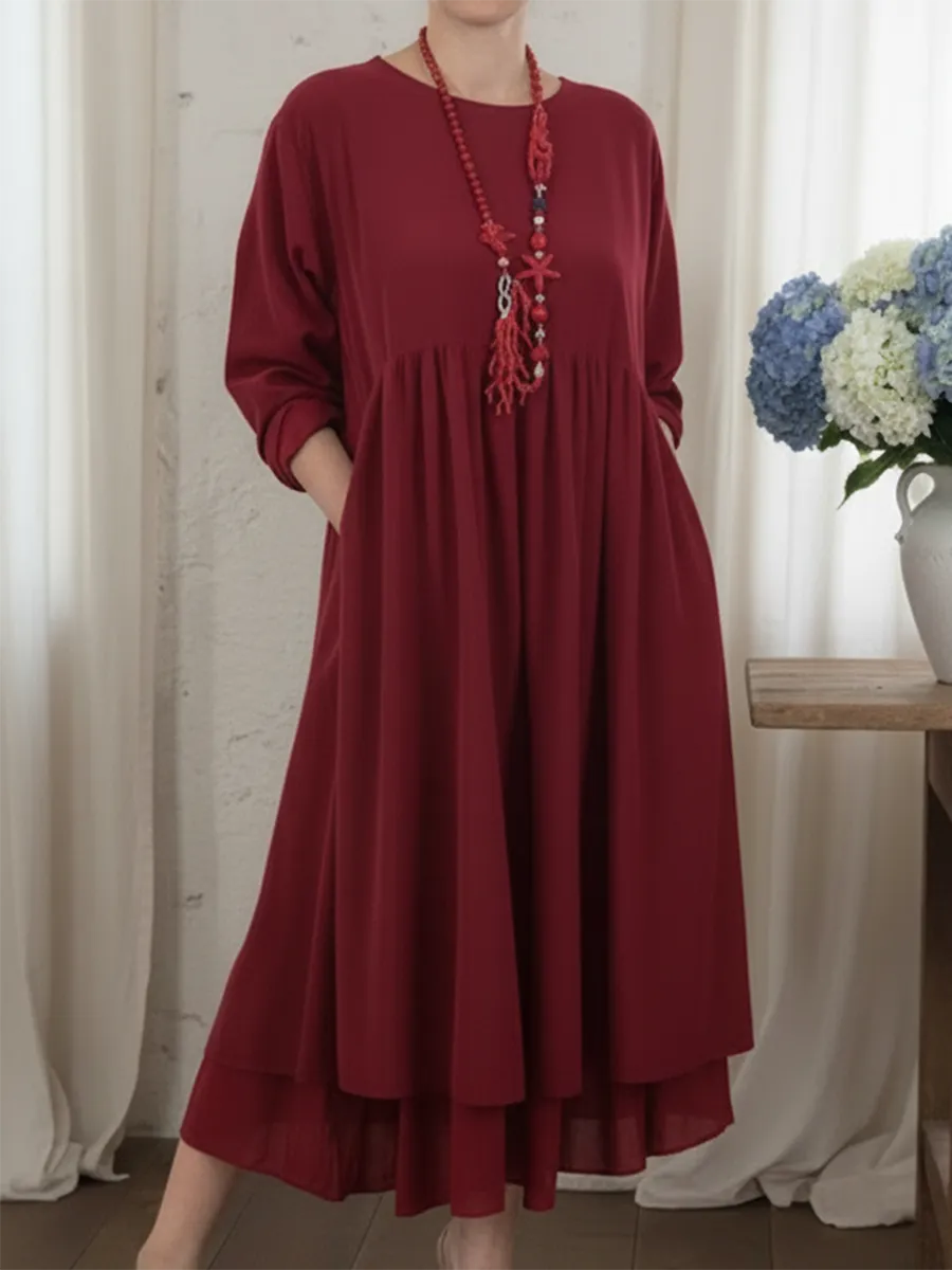 Isabel Loose Fit Women's Midi Dress with Gathered Waist and Pockets