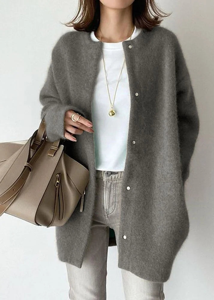 Soft Knit Oversized Cardigan Round Neck Snap Buttons