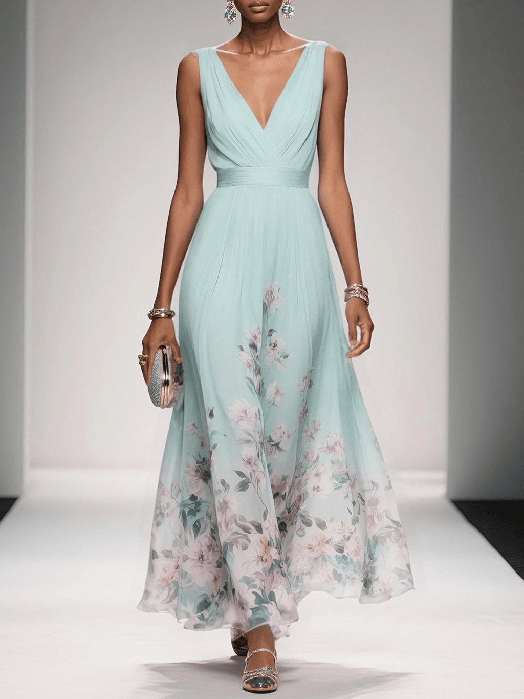 Rose | Light Blue Floral Chiffon V-Neck Maxi Dress