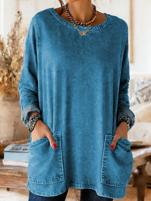 Women’s Denim Cotton Crew Neck Tunic with Pockets