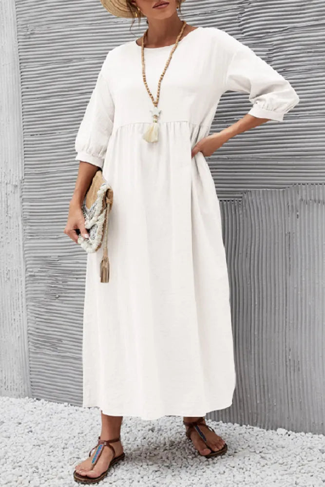 Relaxed Fit Midi Dress Lightweight Cotton Linen Blend