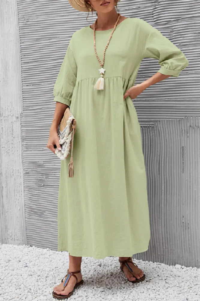 Relaxed Fit Midi Dress Lightweight Cotton Linen Blend