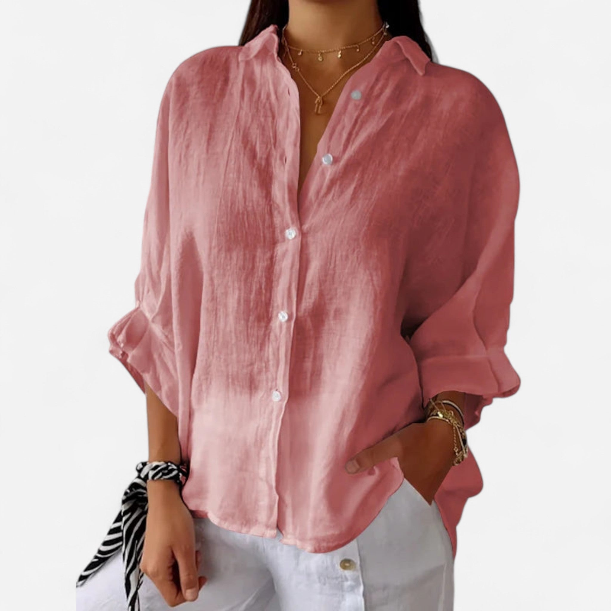 Relaxed Fit Coral Button Up Linen Shirt Lightweight Summer
