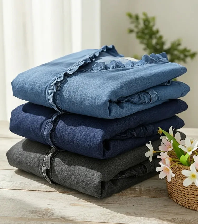 Relaxed Fit Denim Blouse V Neck Ruffled Detail