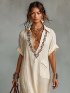 Lightweight Linen Blend Maxi Dress Embroidered Detail