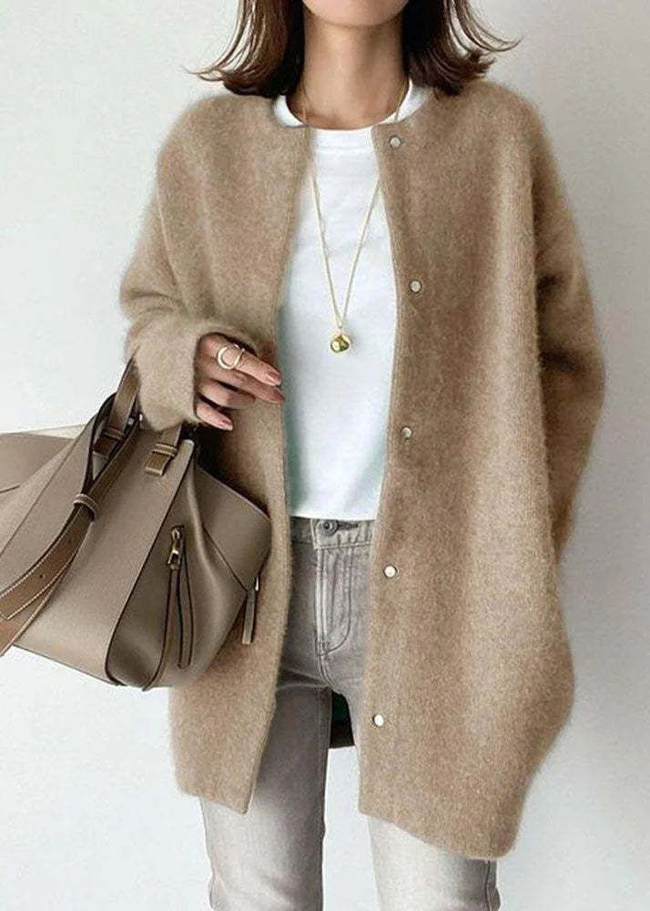 Coffee Tone O-Neck Patchwork Knitted Cardigan Coat