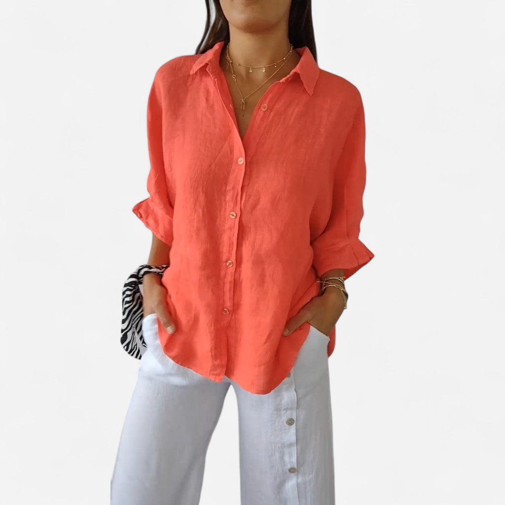Relaxed Fit Coral Button Up Linen Shirt Lightweight Summer