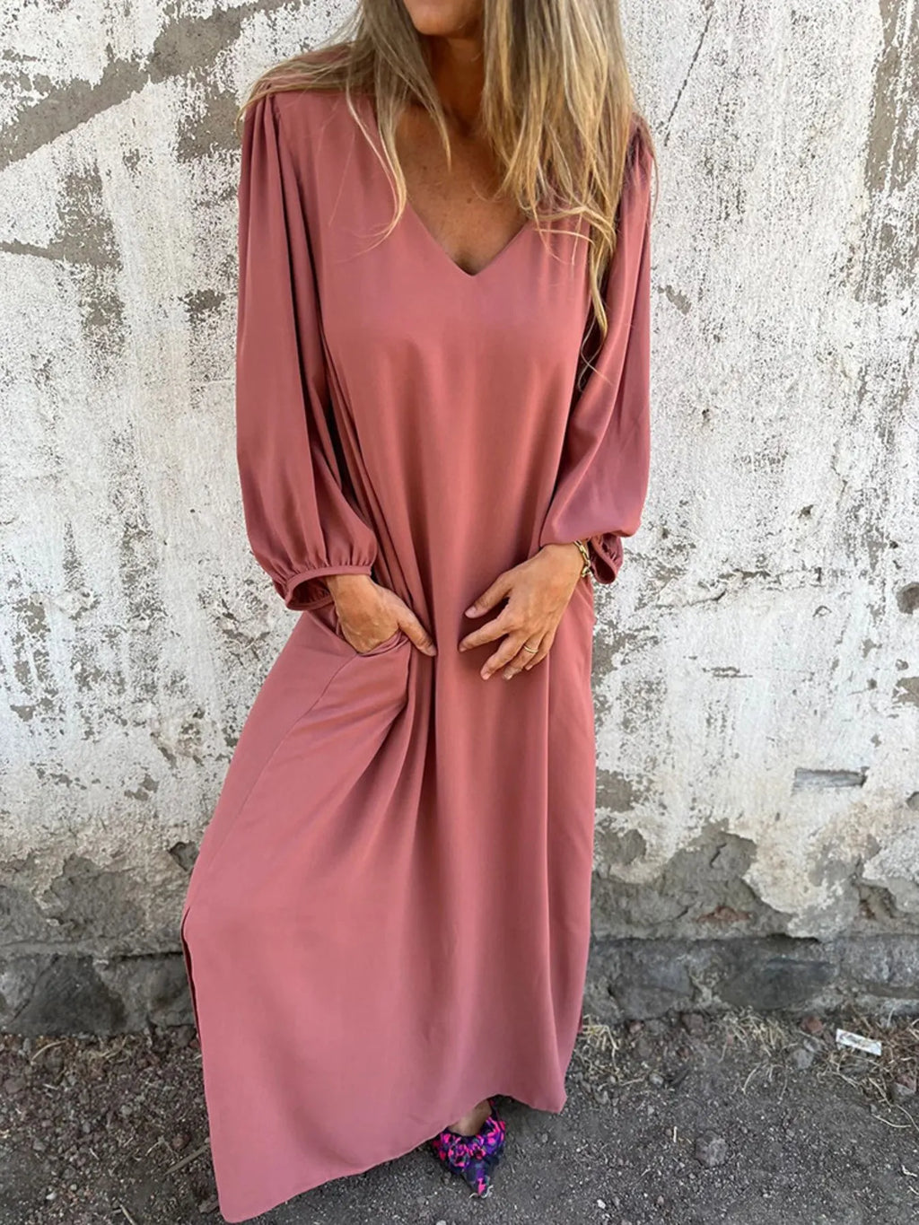 Loose Fit V Neck Balloon Sleeve Ankle Dress