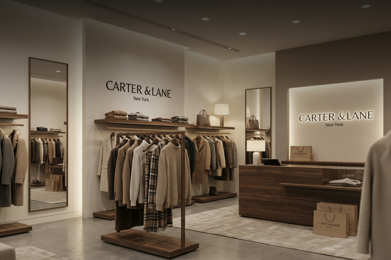 Carter & Lane store interior with clothing racks and branding.