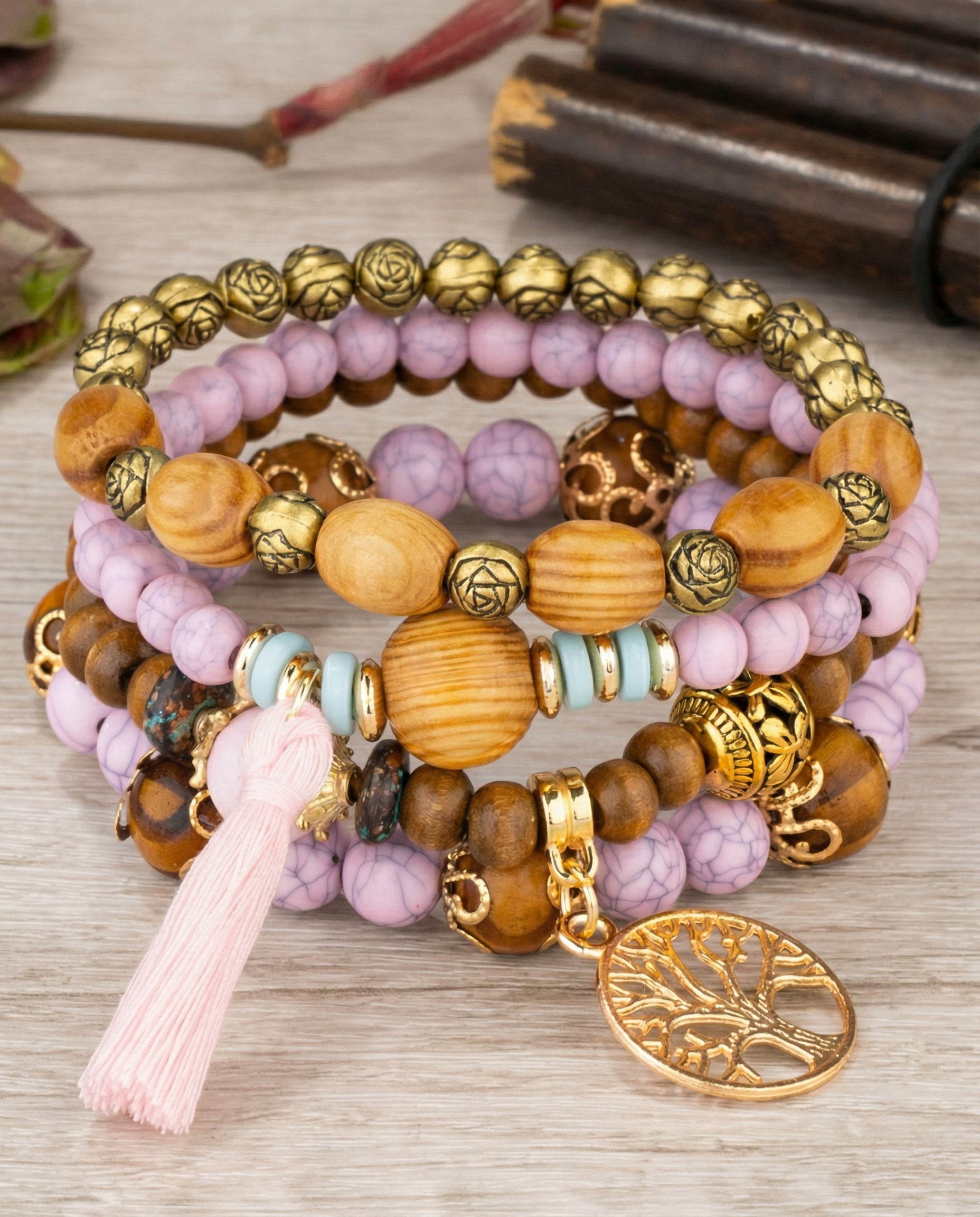 Ethnic Multi-Layer Wooden Bead Stretch Bracelet